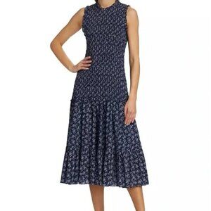 Veronica Beard Verena Marine and Off-White Smocked Cotton Voile Dress Size 6